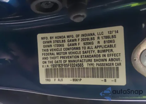 2015 Honda Civic Ex z USA, uszkodzony, nr VIN 19XFB2F85FE024565